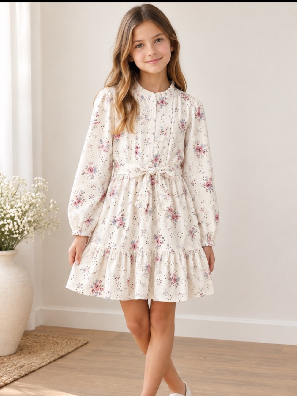 Zara Girls Ivory Floral Eyelet Long Sleeve Dress with Waist Tie